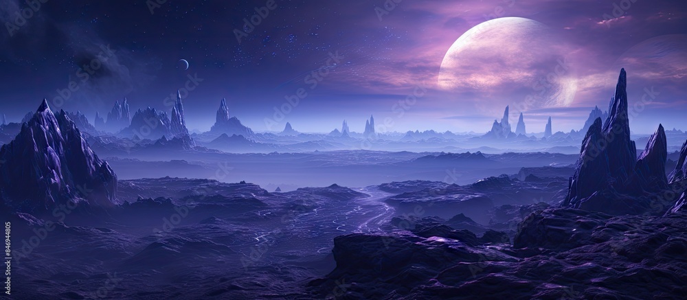 Poster Purple landscape of an unknown planet with a unique terrain under the glowing light of two distant moons. with copy space image. Place for adding text or design