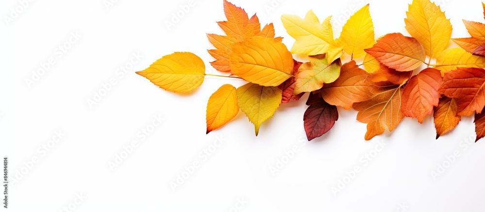 Poster various leaves in a cluster, captured up close on a clean white backdrop. with copy space image. pla