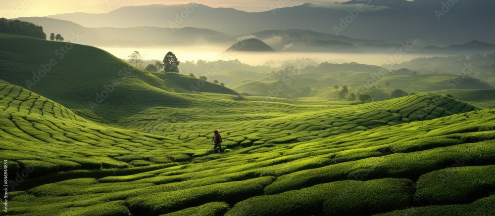 Aufkleber Two individuals casually walking through a lush green meadow with vibrant vegetation all around. with copy space image. Place for adding text or design