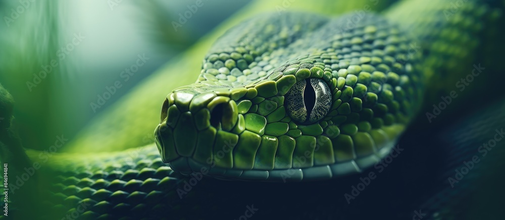 Poster Emerald snake displaying black eye, lengthy tongue, and slithering motion, distinctive features captivating the observer. with copy space image. Place for adding text or design