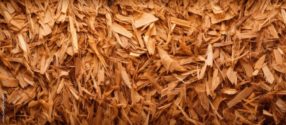 Poster Many wood shavings amassed together in a close-up view showcasing their rough texture and natural brown color. with copy space image. Place for adding text or design