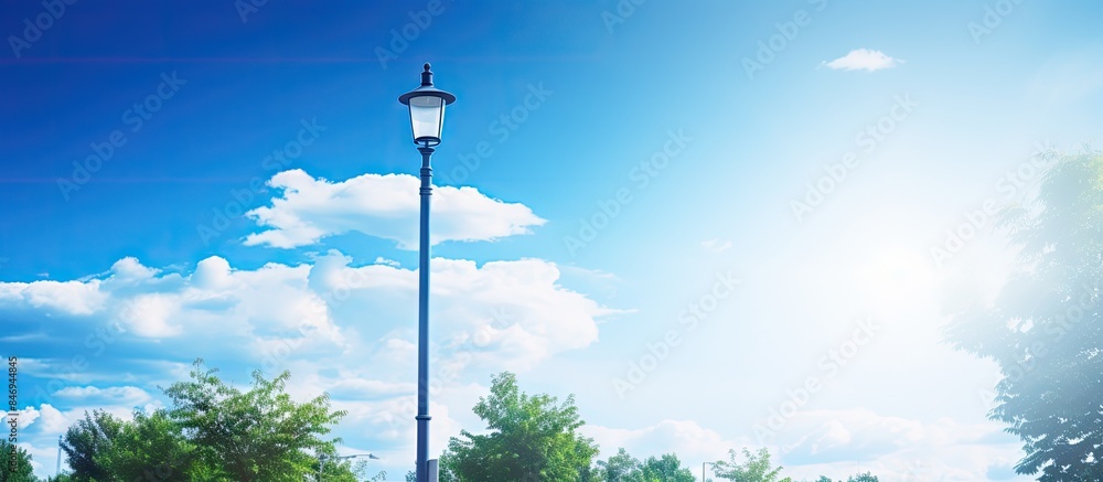 Poster solar-powered street lamp post standing alone in the grassy roadside. with copy space image. place f