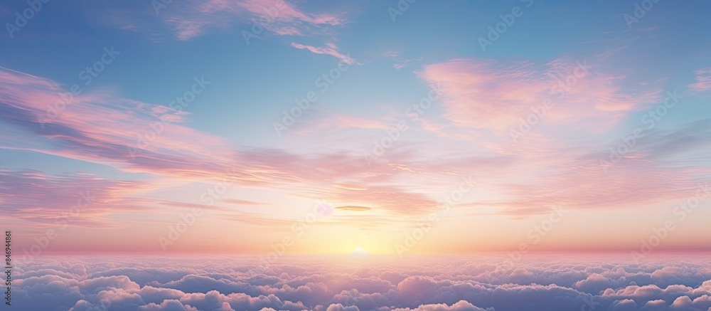 Poster Beautiful sunset scene with vibrant colored clouds filling the sky over the horizon. with copy space image. Place for adding text or design