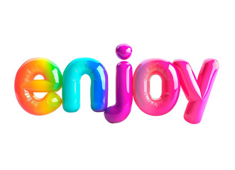AI generated photo with inflatable multicolored letters "enjoy". Minimalistic balloon lettering isolated on a transparent background