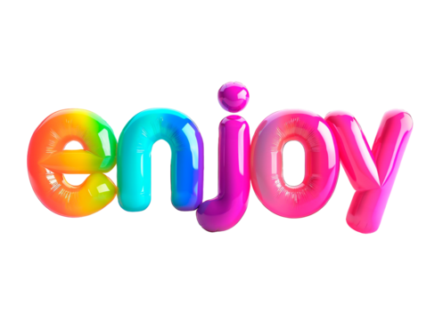 AI generated photo with inflatable multicolored letters "enjoy". Minimalistic balloon lettering isolated on a transparent background