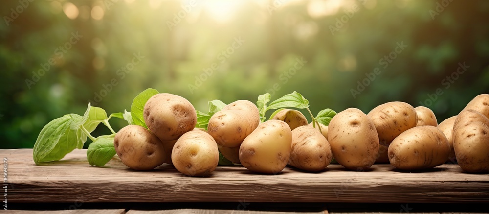 Poster fresh, uncooked potatoes arranged in a pile on a rustic wooden table outdoors in a garden setting. w
