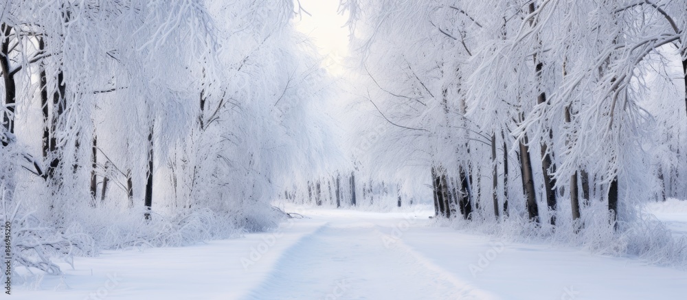 Poster Path lined with snow-covered trees in a winter forest, creating a serene and peaceful atmosphere. with copy space image. Place for adding text or design