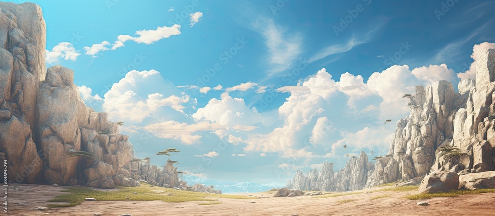 Poster Wide expanse of desert terrain featuring scattered rocks and sparse trees under the daylight. with copy space image. Place for adding text or design