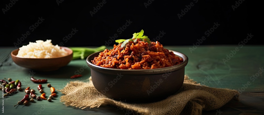 Leinwandbilder Rice mixed with shrimp paste in a bowl placed on a wooden table, ready to be served. with copy space image. Place for adding text or design