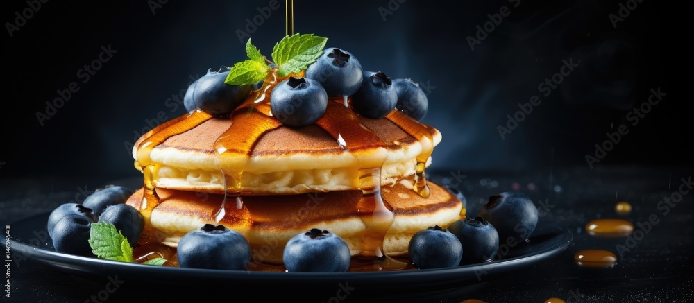 Leinwandbilder fluffy pancakes topped with fresh blueberries and drizzled with honey, a delicious breakfast treat. 