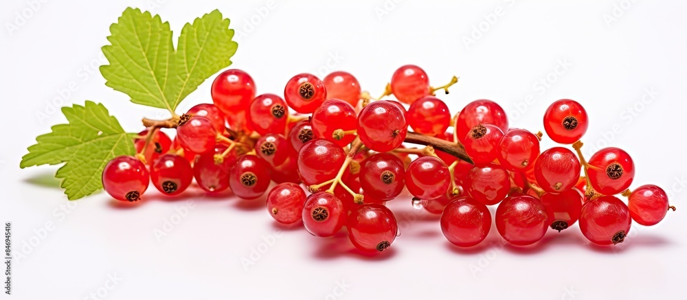 Poster branch of red currants with vibrant red berries and a leaf isolated on a clean white background. wit