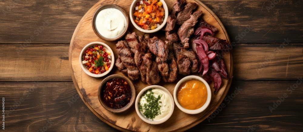 Poster wooden plate holding delicious meat cuts and various sauces, set on a wooden table. with copy space 