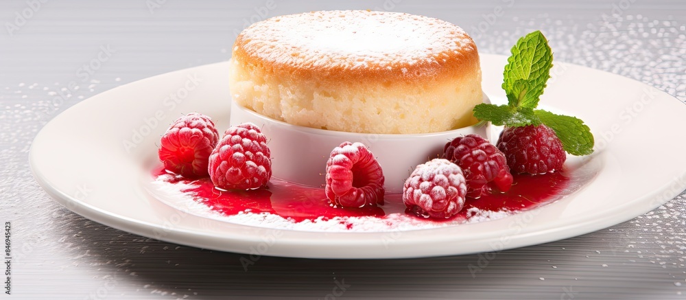 Fototapete raspberry souffle served elegantly on a clean white plate. with copy space image. place for adding t