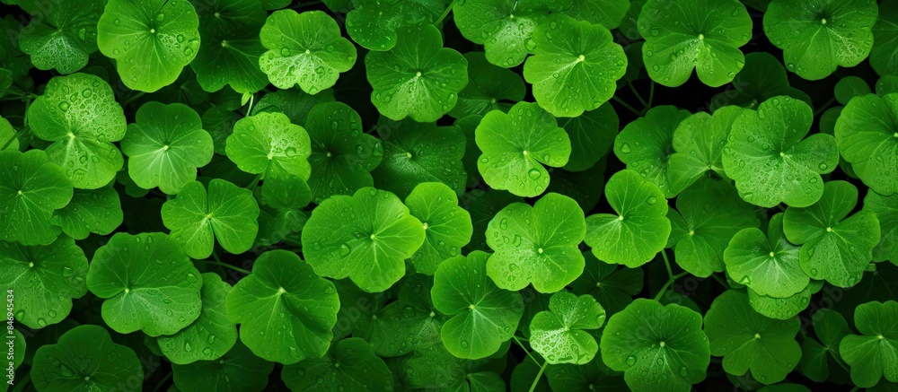 Poster close-up view of green leaves covered in fresh water droplets, showcasing the natural beauty of foli
