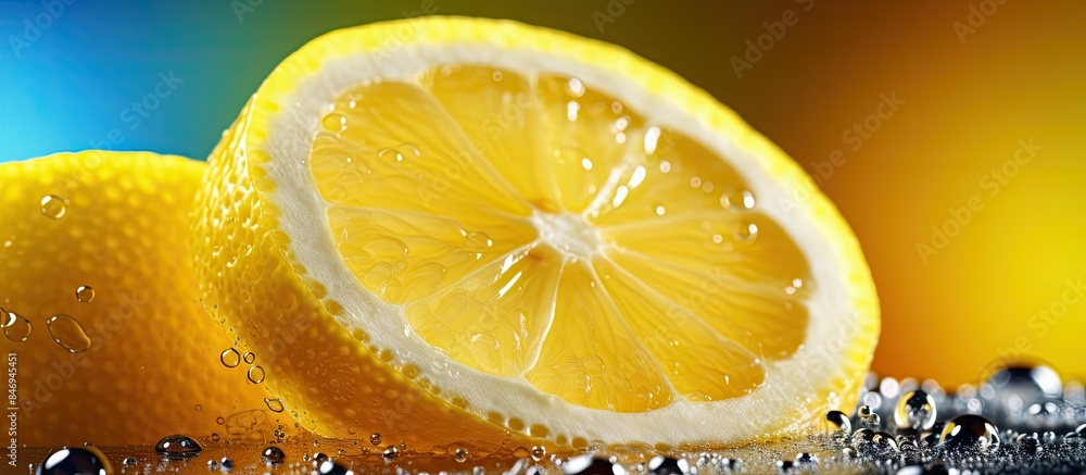 Leinwandbilder Close-up view of a flattened lemon with a refreshing glass of lemonade in the distance. with copy space image. Place for adding text or design