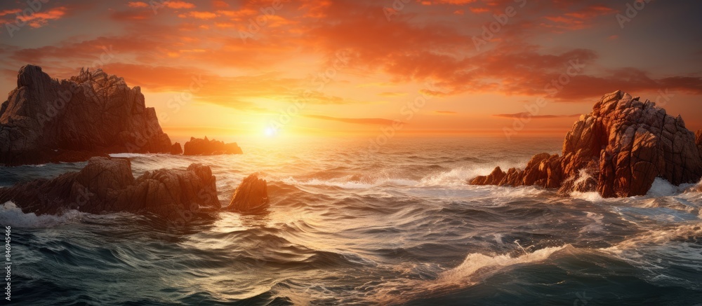 Poster The sun setting over the ocean casting a warm glow on the water, with rocks jutting out and waves crashing gently. with copy space image. Place for adding text or design