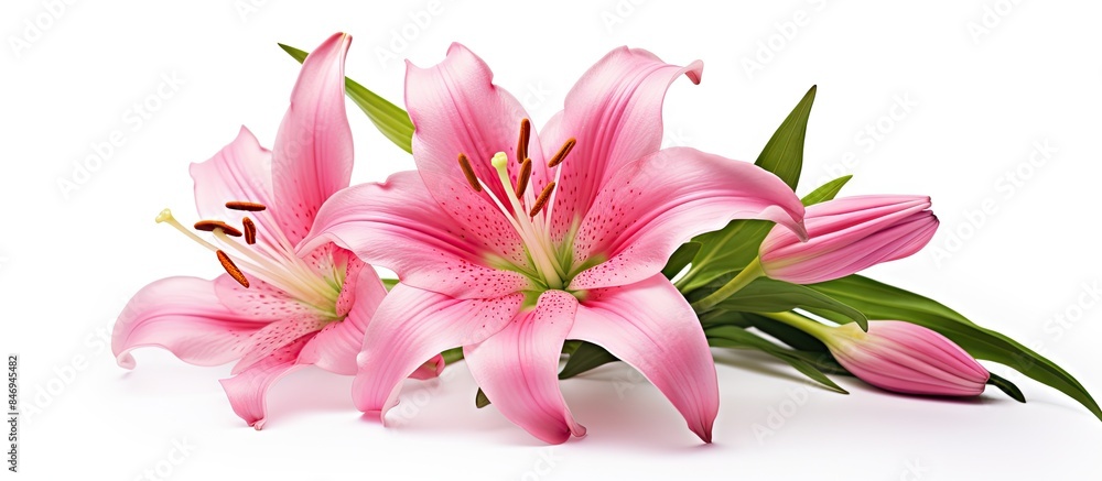 Aufkleber Pink flowers present on a surface that is white in color, creating a delicate and serene image. with copy space image. Place for adding text or design