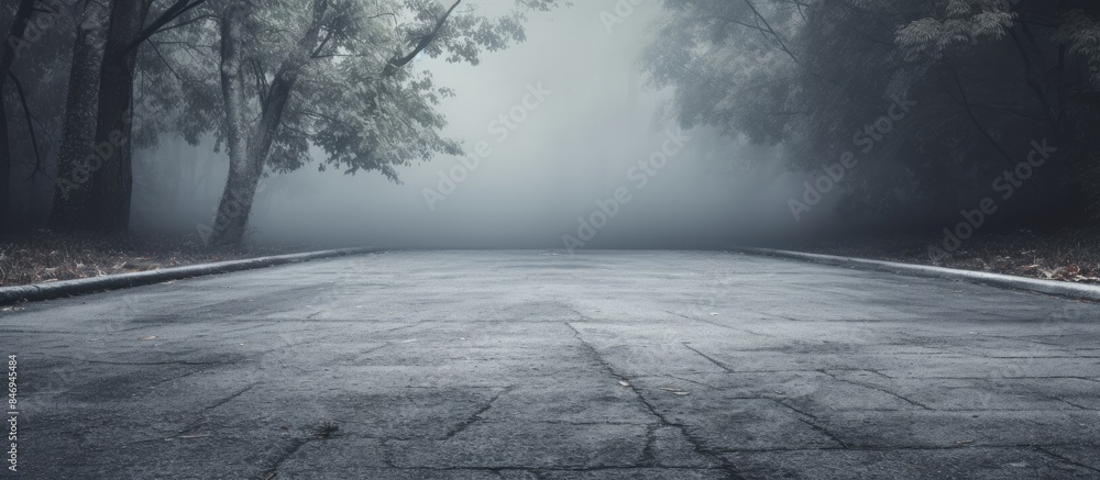 Poster mysterious fog blankets the path as trees stand tall along the way. with copy space image. place for