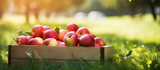 Red ripe apples displayed in a rustic wooden crate placed on green grass in a sunny park. with copy space image. Place for adding text or design