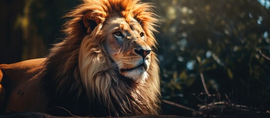 A close-up view of a majestic lion resting peacefully under the warm sunlight in the wilderness. with copy space image. Place for adding text or design