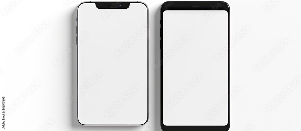 Poster Two iPhones in black and white colors with blank screens placed on a plain white surface for a minimalist tech concept mockup. with copy space image. Place for adding text or design