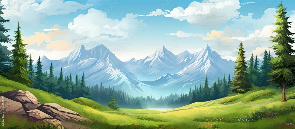 Poster scenic view of mountains and dense forests amidst hills and highlands, celebrating international mou