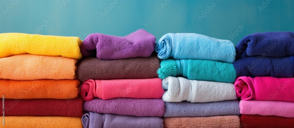 Aufkleber Close-up view of a vibrant stack of towels in a rainbow of colorful comfort on a table. with copy space image. Place for adding text or design