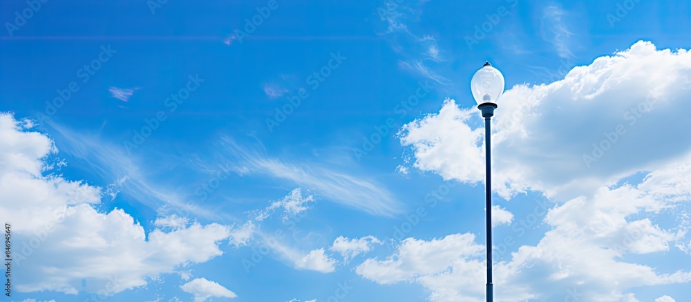 Poster Street lamp post standing in the middle of a park illuminated against a blue sky with fluffy clouds. with copy space image. Place for adding text or design