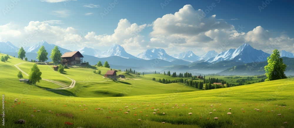 Poster A serene countryside setting with a charming house nestled in a verdant field overlooked by majestic mountains. with copy space image. Place for adding text or design