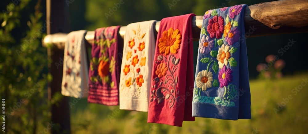 Poster vibrant ukrainian folk towels hanging on a clothesline in an open field, showcasing traditional wove