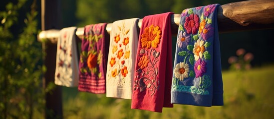 Fototapeta premium Vibrant Ukrainian folk towels hanging on a clothesline in an open field, showcasing traditional woven designs. with copy space image. Place for adding text or design