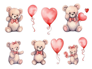 Set of teddy bears and balloon, party, Gifts, cute baby teddy bear. Draw vector illustration collection funny bear with pink heart for valentine's day. Watercolor style