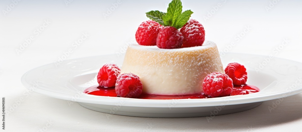 Fototapete delicious raspberry souffle served elegantly on a clean white plate. with copy space image. place fo