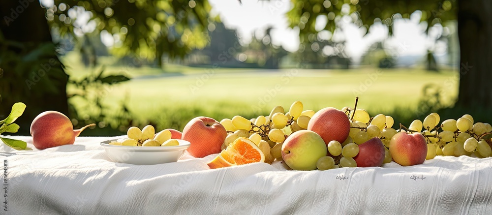 Poster various fruits like apples, grapes, and oranges arranged on a table covered with a clean white cloth
