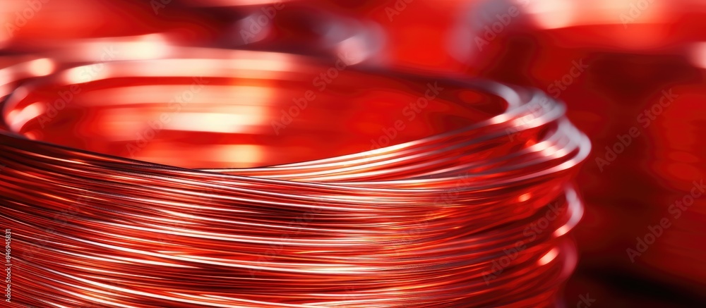 Poster Copper wire coil in production, showcasing red wire in close-up detail on a surface. with copy space image. Place for adding text or design