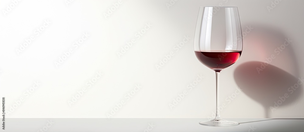 Poster Glass of wine resting on a wooden table, casting a shadow beneath it. with copy space image. Place for adding text or design