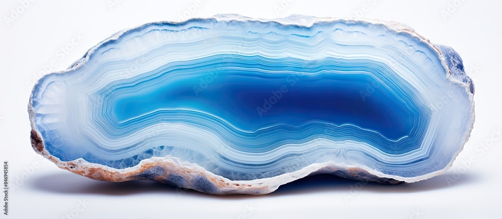 Poster Close-up of a translucent blue agate crystal isolated on a white background, ideal for interior decoration. with copy space image. Place for adding text or design