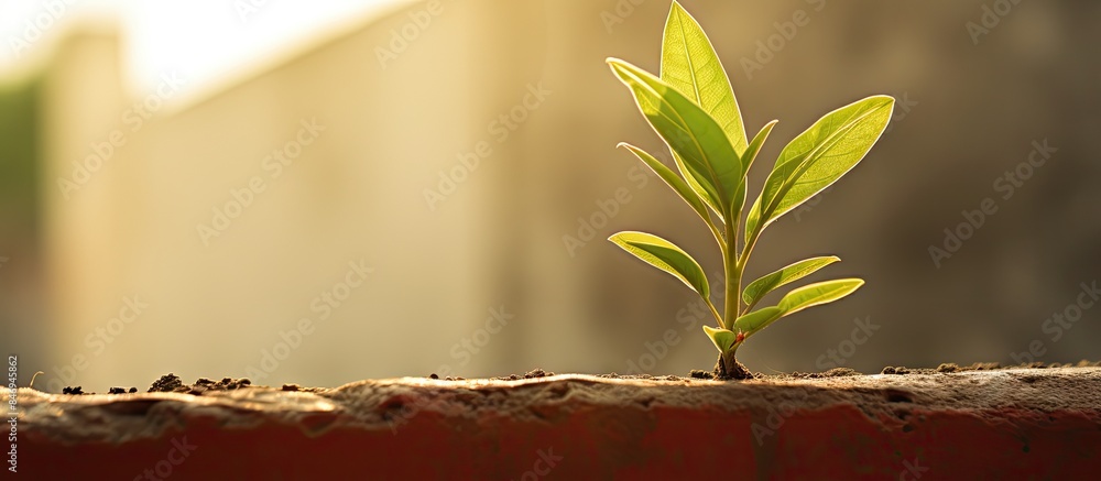 Poster lush green plant growing out from a crack in a concrete wall, showcasing resilience and nature's abi