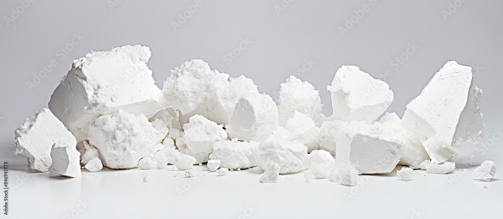 Poster Pile of assorted white rocks and small pebbles arranged on a table surface, creating a natural and textured display. with copy space image. Place for adding text or design