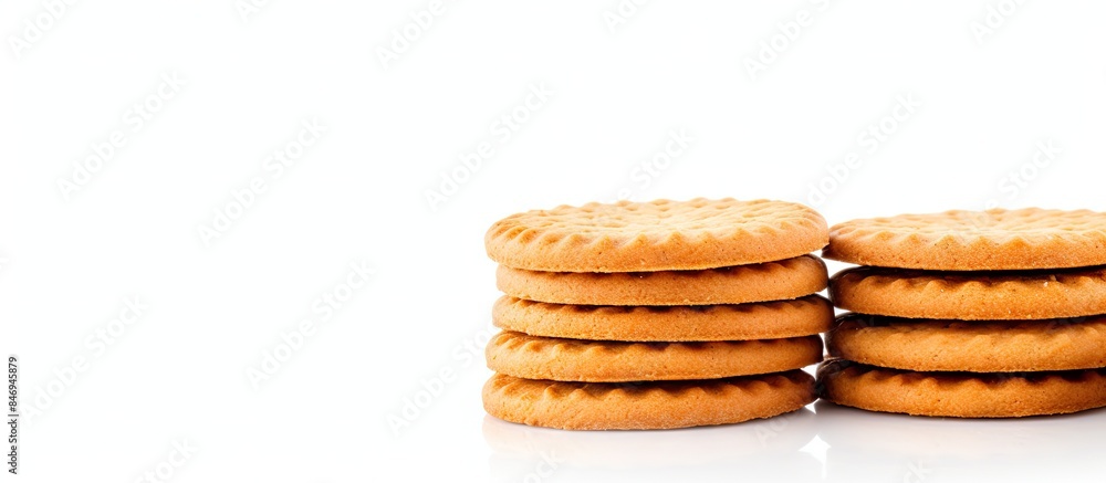 Fototapete Stack of sweet biscuits placed neatly on a plain white background. with copy space image. Place for adding text or design