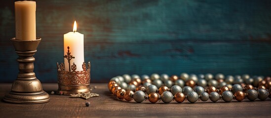 Rosary beads and lit candles, symbolizing the Catholic faith, displayed against a serene blue background. with copy space image. Place for adding text or design