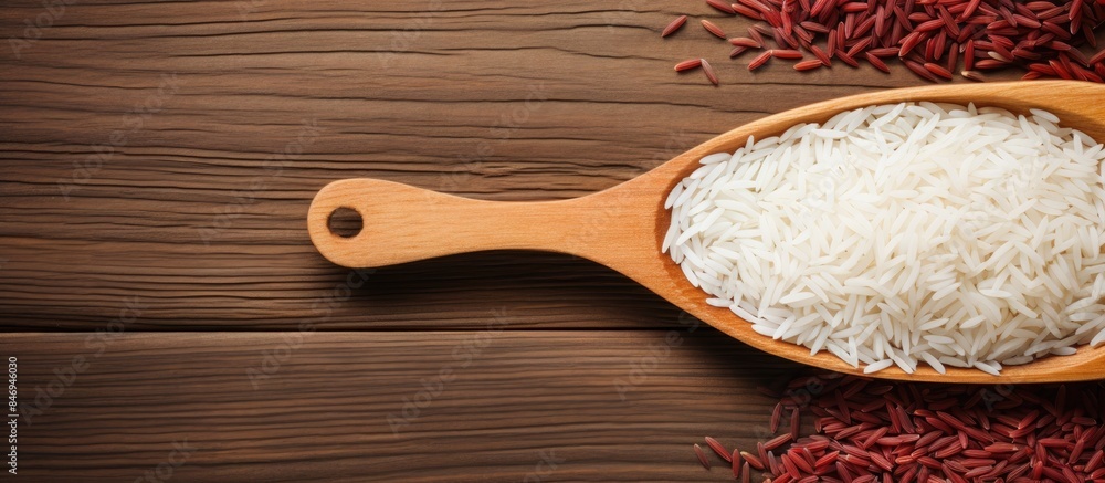 Leinwandbilder a wooden spoon filled with a combination of white and red rice placed on a wooden table. with copy s