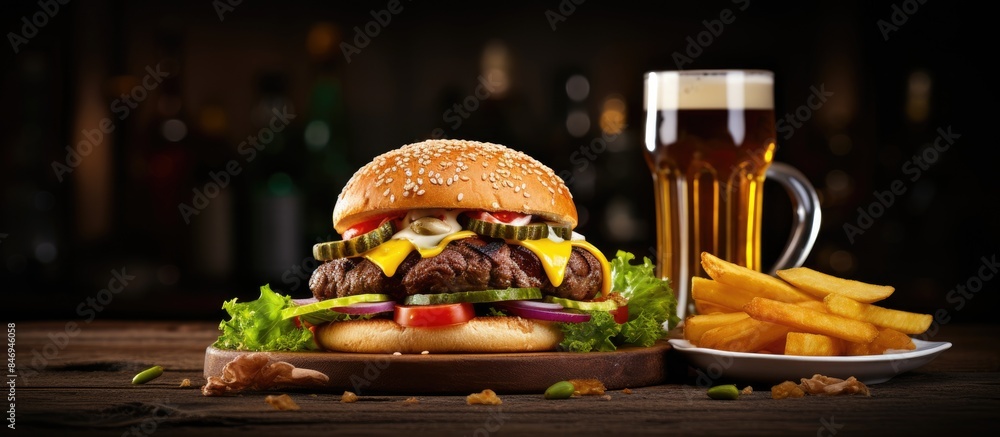 Poster delicious cheeseburger, crispy fries, and refreshing beer arranged on a table. with copy space image