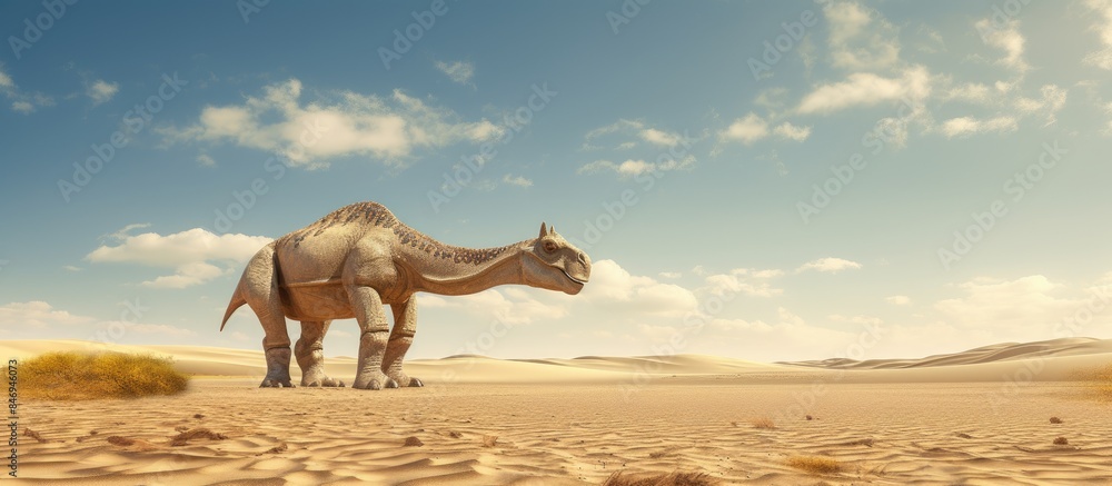 Poster A solitary camel standing in a vast desert landscape under a blue sky adorned with fluffy white clouds. with copy space image. Place for adding text or design