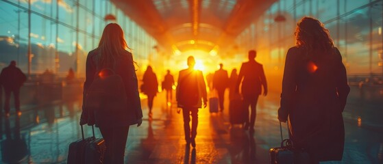 Team of executives traveling together with luggage concept of collaboration close up, theme of teamwork, vibrant, composite boarding gate