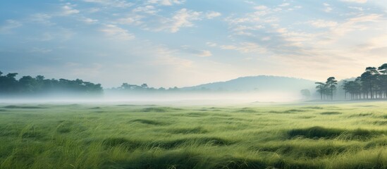 Obraz premium Lush green grass field with tall trees in the background veiled by gentle morning fog. with copy space image. Place for adding text or design