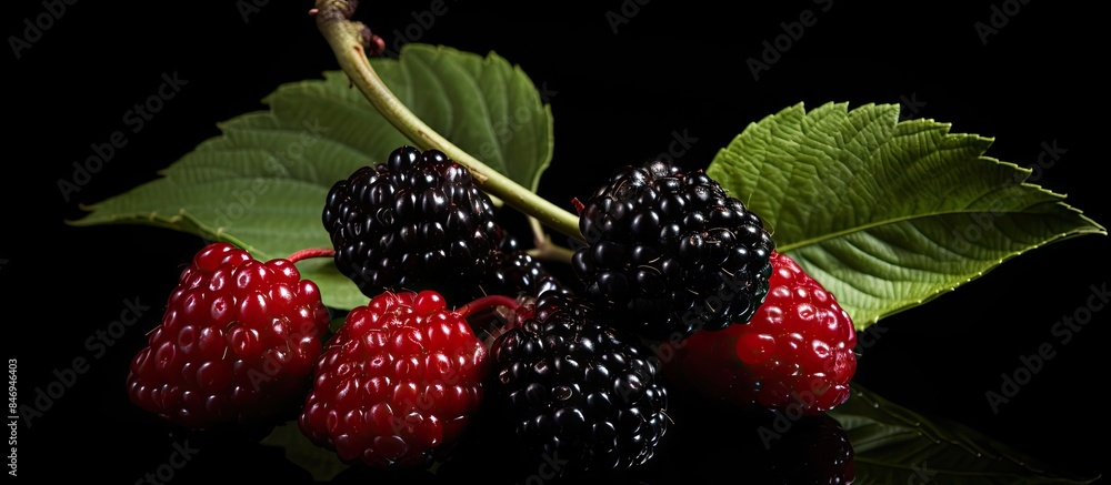 Poster Fresh blackberries and raspberries placed neatly on a deep black tabletop, creating a striking visual contrast. with copy space image. Place for adding text or design