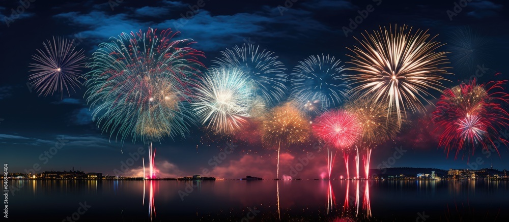 Aufkleber Boats sailing peacefully on a lake while colorful fireworks illuminate the night sky. with copy space image. Place for adding text or design