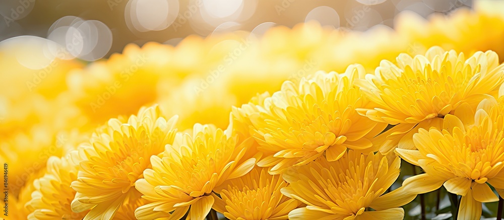 Aufkleber Macro shot of vibrant yellow chrysanthemum petal with blurred bokeh background in a garden setting. with copy space image. Place for adding text or design