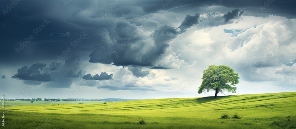 Poster A solitary tree stands in a vast field with cloudy skies, depicting a tranquil rural scene in spring. with copy space image. Place for adding text or design